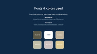 This presentation has been made using the following fonts:
Montserrat
(https://fonts.google.com/specimen/Montserrat)
Questrial
(https://fonts.google.com/specimen/Questrial)
#5c5948 #ffffffff #c0b39d
#c1bfa8 #e0cc97
#cec2c0
Fonts & colors used
 