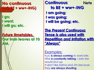 ContinuousContinuous
to BE + ww+-INGto BE + ww+-ING
I am going;I am going;
I was going;I was going;
I will be going; etc.I will be going; etc.
The Present ContinuousThe Present Continuous
Tense is also used withTense is also used with
Repetition and Irritation withRepetition and Irritation with
"Always""Always"
Examples:
•Luc is always coming to work late.
•She is constantly talking. I wish she
would shut up.
•I don't like Salma and Jim because
they are always shouting.
No continuousNo continuous
(NO BE + ww+-ING)(NO BE + ww+-ING)
I go;I go;
I went;I went;
I will go; etc.I will go; etc.
Future timetables.Future timetables.
Our train leaves at 10Our train leaves at 10
AM.AM.
NoteNote
 