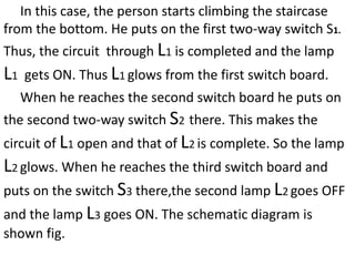 In this case, the person starts climbing the staircase
from the bottom. He puts on the first two-way switch S1.
Thus, the circuit through L1 is completed and the lamp
L1 gets ON. Thus L1 glows from the first switch board.
When he reaches the second switch board he puts on
the second two-way switch S2 there. This makes the
circuit of L1 open and that of L2 is complete. So the lamp
L2 glows. When he reaches the third switch board and
puts on the switch S3 there,the second lamp L2 goes OFF
and the lamp L3 goes ON. The schematic diagram is
shown fig.
 