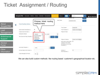 About
SimpleCRM
Lead
Management
Multichannel
Support
Advisor
Portal
Ticket Escalation Method
Add multiple conditions as to when
escalation email should be triggered
In this section you can add actions like who
should be the recipient of escalation email. You
can also create & save your email template.
Other
Information
 