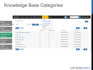 About
SimpleCRM
Lead
Management
Multichannel
Support
Advisor
Portal
Knowledge Base Article
Other
Information
 