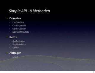 Simple API - 8 Methoden
‣   Domains
    •   ListDomains
    •   CreateDomain
    •   DeleteDomain
    •   DomainMetadata

‣   Items
    •   GetAttributes
    •   Put / BatchPut
    •   Delete

‣   Abfragen
    •   Select




                              26
 