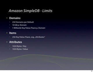 Amazon SimpleDB - Limits
‣   Domains
    •   250 Domains per Default
    •   10 GB p. Domain
    •   1 Milliarde Key/Value-Paare p. Domain

‣   Items
    •   256 Key/Value-Paare, sog. „Attributes“

‣   Attributes
    •   1024 Bytes / Key
    •   1024 Bytes / Value




                                                 32
 