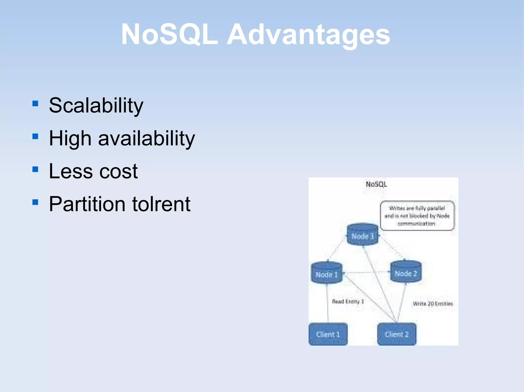 NoSQL Advantages


    Scalability

    High availability

    Less cost

    Partition tolrent
 