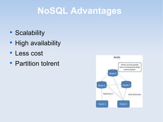 NoSQL Advantages


    Scalability

    High availability

    Less cost

    Partition tolrent
 