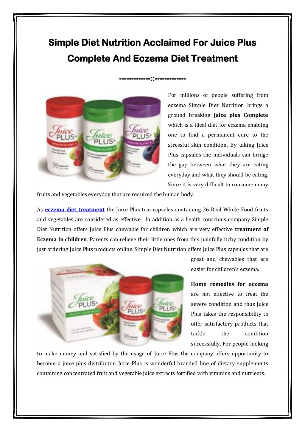 Simple Diet Nutrition Acclaimed For Juice Plus Complete And Eczema Diet