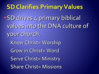 SD drives 4 primary biblical values into the DNA culture of your church. Know Christ= Worship Grow in Christ= Word Serve Christ= Ministry Share Christ= Missions 
