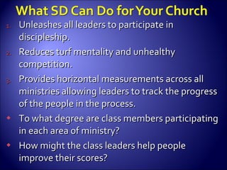 Unleashes all leaders to participate in discipleship. Reduces turf mentality and unhealthy competition. Provides horizontal measurements across all ministries allowing leaders to track the progress of the people in the process. To what degree are class members participating in each area of ministry? How might the class leaders help people improve their scores? 