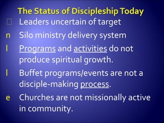 Leaders uncertain of target Silo ministry delivery system Programs  and  activities  do not produce spiritual growth. Buffet programs/events are not a disciple-making  process . Churches are not missionally active in community. 