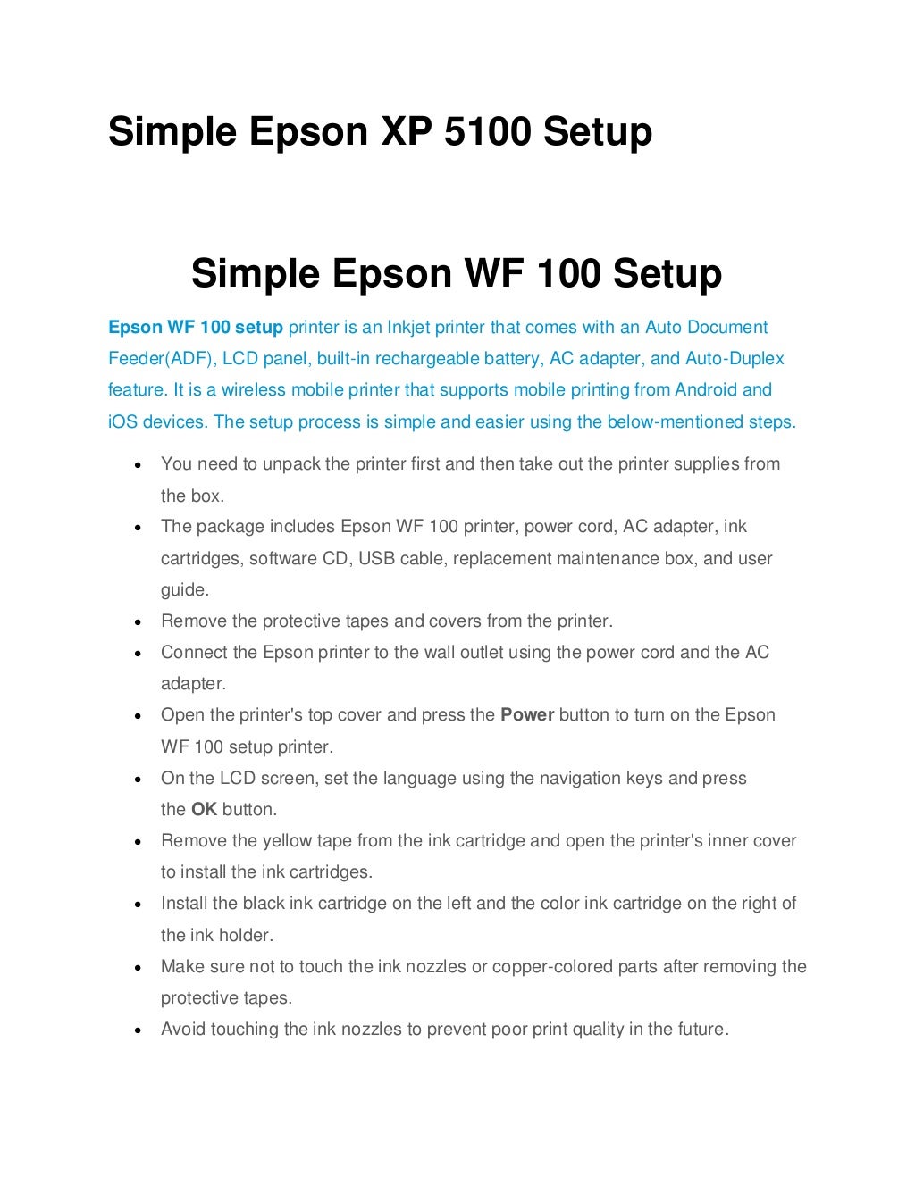 Epson WF 100 Setup Wireless Airprint & Troubleshooting