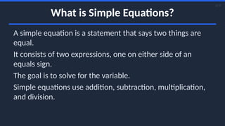 Simple Ecuations Mastering Simple Equations: A JSS 2 Mathematics Guide to Solving Basic ...