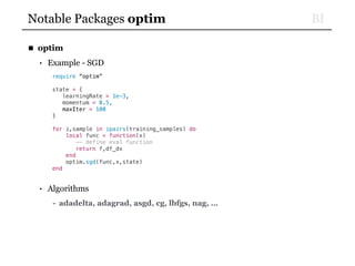 BINotable Packages optim
■ optim
• Example - SGD
require “optim”
state = {
learningRate = 1e-3,
momentum = 0.5,
maxIter = 100
}
for i,sample in ipairs(training_samples) do
local func = function(x)
-- define eval function
return f,df_dx
end
optim.sgd(func,x,state)
end
• Algorithms
- adadelta, adagrad, asgd, cg, lbfgs, nag, …
 