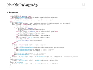 BINotable Packages dp
■ Propagator
--[[Propagators]]--
if opt.lrDecay == 'adaptive' then
ad = dp.AdaptiveDecay{max_wait = opt.maxWait, decay_factor=opt.decayFactor}
elseif opt.lrDecay == 'linear' then
opt.decayFactor = (opt.minLR - opt.learningRate)/opt.saturateEpoch
end
train = dp.Optimizer{
acc_update = opt.accUpdate, loss = nn.ModuleCriterion(nn.ClassNLLCriterion(), nil, nn.Convert()),
epoch_callback = function(model, report) -- called every epoch
-- learning rate decay
if report.epoch > 0 then
if opt.lrDecay == 'adaptive' then
opt.learningRate = opt.learningRate*ad.decay
ad.decay = 1
elseif opt.lrDecay == 'schedule' and opt.schedule[report.epoch] then
opt.learningRate = opt.schedule[report.epoch]
elseif opt.lrDecay == 'linear' then
opt.learningRate = opt.learningRate + opt.decayFactor
end
opt.learningRate = math.max(opt.minLR, opt.learningRate)
if not opt.silent then
print("learningRate", opt.learningRate)
end
end
end,
callback = function(model, report) -- called every batch
if opt.accUpdate then
model:accUpdateGradParameters(model.dpnn_input, model.output, opt.learningRate)
else
model:updateGradParameters(opt.momentum) -- affects gradParams
model:updateParameters(opt.learningRate) -- affects params
end
model:maxParamNorm(opt.maxOutNorm) -- affects params
model:zeroGradParameters() -- affects gradParams
end,
feedback = dp.Confusion(), sampler = dp.ShuffleSampler{batch_size = opt.batchSize}, progress = opt.progress
}
valid = dp.Evaluator{
feedback = dp.Confusion(), sampler = dp.Sampler{batch_size = opt.batchSize}
}
test = dp.Evaluator{
feedback = dp.Confusion(), sampler = dp.Sampler{batch_size = opt.batchSize}
}
 