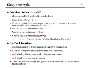 BISimple example
■ Quick Lua (python + Matlab ?)
• object.method(self, a, b) ≡ object:method(a, b)
• index starts with 1, i = i + 1
• if not <condition> and/or <condition2> then <statement1> elseif
<statement2> else <statement3> end
• for i=1,10,2 do <statement> end
• You can break, but cannot continue.
• Generic data structure: table (JSON?)
{}, {1,2,3}, {‘a’=1, ‘b’=2, ‘c’=3}, {{1,2},{3,4}}, #table
■ Few Torch Functions
• rand() which creates tensor drawn from uniform distribution
• t() which transposes a tensor (note it returns a new view)
• dot() which performs a dot product between two tensors
• eye() which returns a identity matrix
• * operator over matrices (which performs a matrix-vector or matrix-matrix
multiplication)
 