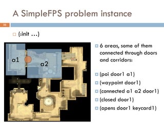 A SimpleFPS problem instance
23


        (:init …)
                          6  areas, some of them
                            connected through doors
     a1                     and corridors:
                     a2
                           (poi door1 a1)
                           (waypoint door1)

                           (connected a1 a2 door1)

                           (closed door1)

                           (opens door1 keycard1)
 