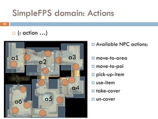 SimpleFPS domain: Actions
28


        (: action …)
                              Available   NPC actions:

     a1                 a3    move-to-area
                 a2
                              move-to-poi

                              pick-up-item

                              use-item
                        a4    take-cover

     a6            a5         un-cover
 