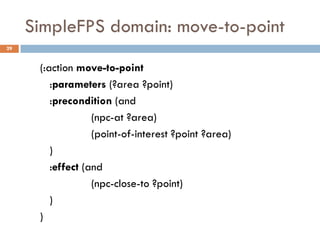 SimpleFPS domain: move-to-point
29


      (:action move-to-point
         :parameters (?area ?point)
         :precondition (and
                   (npc-at ?area)
                   (point-of-interest ?point ?area)
         )
         :effect (and
                   (npc-close-to ?point)
         )
      )
 