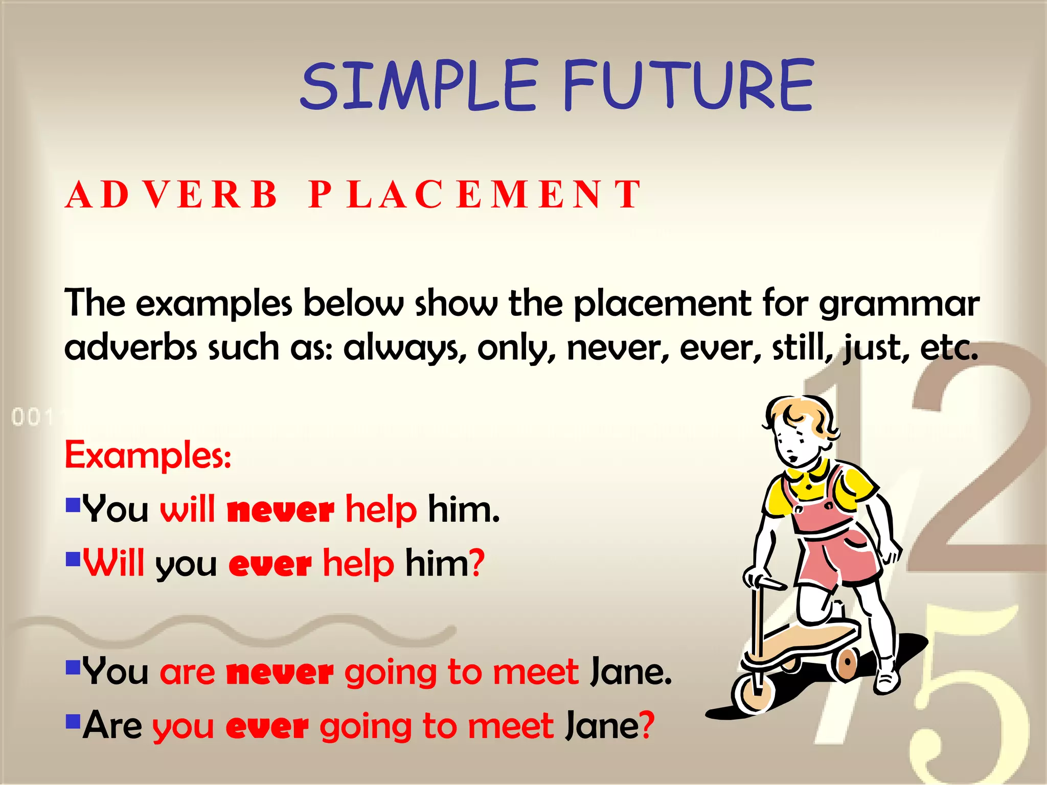 SIMPLE FUTURE ADVERB PLACEMENT The examples below show the placement for grammar adverbs such as: always, only, never, ever, still, just, etc. Examples: You  will  never  help  him.  Will  you  ever   help  him ?   You  are  never  going   to meet  Jane.  Are  you  ever  going   to meet  Jane ?   