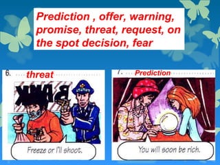 Prediction , offer, warning,
promise, threat, request, on
the spot decision, fear
promisewarning
 