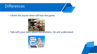Differences
• I think the soccer team will lose the game.
• Talk with your boss about the problem. He will understand.
 