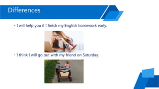 Differences
• I will help you if I finish my English homework early.
• I think I will go out with my friend on Saturday.
 
