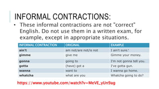 INFORMAL CONTRACTIONS:
• These informal contractions are not "correct"
English. Do not use them in a written exam, for
example, except in appropriate situations.
https://www.youtube.com/watch?v=MeVE_yUn9ag
INFORMAL CONTRACTION ORIGINAL EXAMPLE
ain't am not/are not/is not I ain't sure.
gimme give me Gimme your money.
gonna going to I'm not gonna tell you.
gotta (have) got a I've gotta gun.
wanna want to I wanna go home.
whatcha what are you Whatcha going to do?
.
 