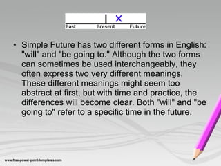 • Simple Future has two different forms in English:
  "will" and "be going to." Although the two forms
  can sometimes be used interchangeably, they
  often express two very different meanings.
  These different meanings might seem too
  abstract at first, but with time and practice, the
  differences will become clear. Both "will" and "be
  going to" refer to a specific time in the future.
 