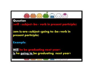 Question
(will +subject+be+ verb in present participle)
(am/is/are+subject+going to+be+verb in
present participle)
Example:
Will he be graduating next year?
Is he going to be graduating next year?
 