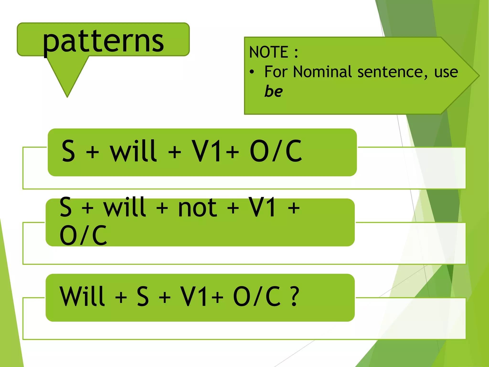 patterns
S + will + V1+ O/C
S + will + not + V1 +
O/C
Will + S + V1+ O/C ?
NOTE :
• For Nominal sentence, use
be
 
