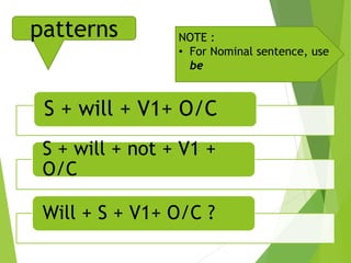 patterns
S + will + V1+ O/C
S + will + not + V1 +
O/C
Will + S + V1+ O/C ?
NOTE :
• For Nominal sentence, use
be
 