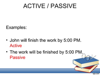 ACTIVE / PASSIVE


Examples:

• John will finish the work by 5:00 PM.
  Active
• The work will be finished by 5:00 PM.
  Passive
 