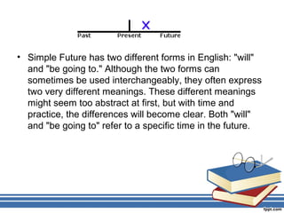 • Simple Future has two different forms in English: "will"
  and "be going to." Although the two forms can
  sometimes be used interchangeably, they often express
  two very different meanings. These different meanings
  might seem too abstract at first, but with time and
  practice, the differences will become clear. Both "will"
  and "be going to" refer to a specific time in the future.
 