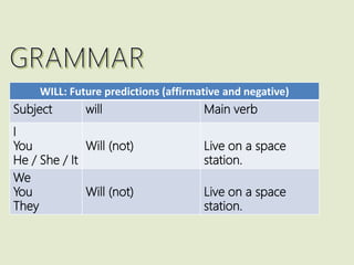 WILL: Future predictions (affirmative and negative)
Subject will Main verb
I
You
He / She / It
Will (not) Live on a space
station.
We
You
They
Will (not) Live on a space
station.
 