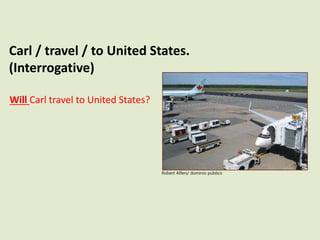 Carl / travel / to United States.
(Interrogative)
Will Carl travel to United States?
Robert Alfers/ domínio público
 