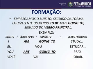 FORMAÇÃO:
• EMPREGAMOS O SUJEITO, SEGUIDO DA FORMA
EQUIVALENTE DO VERBO TO BE MAIS GOING TO,
SEGUIDO DO VERBO PRINCIPAL.
EXEMPLO:
SUJEITO + VERBO TO BE + GOING TO + VERBO PRINCIPAL
I AM GOING TO STUDY...
EU VOU ESTUDAR...
YOU ARE GOING TO PRAY.
VOCÊ VAI ORAR.
 