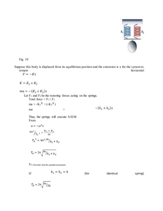 Fig. 10
Suppose this body is displaced from its equilibrium position and the extension is x for the system to
remain horizontal
Let F1 and F2 be the restoring forces acting on the springs.
Total force = F1+ F2
ma = -K1 + (-K2 )
ma =
Thus, the springs will execute S.H.M
From
TP =Periodic timefor parallel connection
If (for identical spring)
 