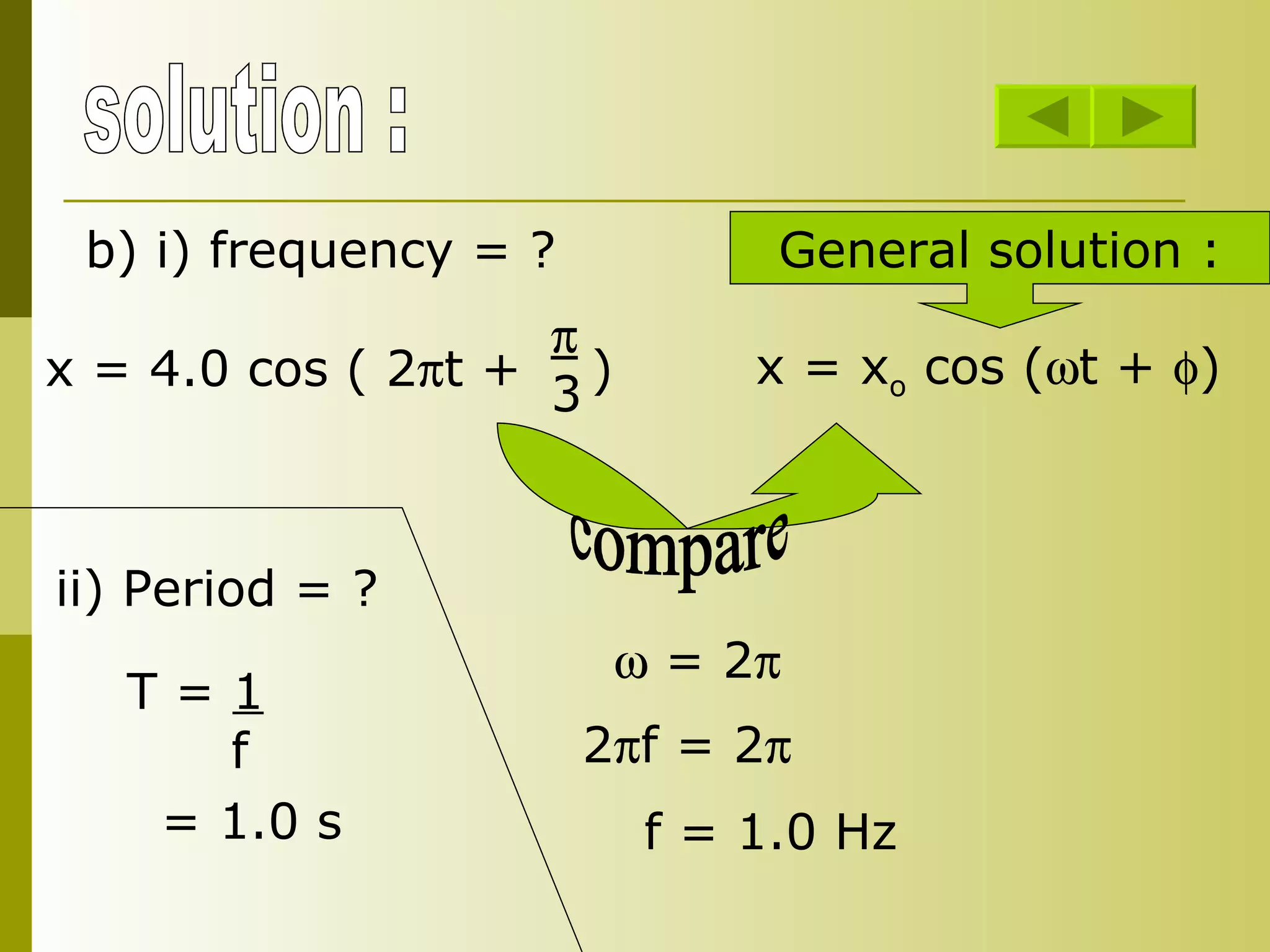 solution : x = 4.0 cos ( 2  t +  )  3 b) i) frequency = ? x = x o  cos (  t +   ) General solution : compare    = 2  2  f = 2  f = 1.0 Hz ii) Period = ? T =  1 f = 1.0 s 