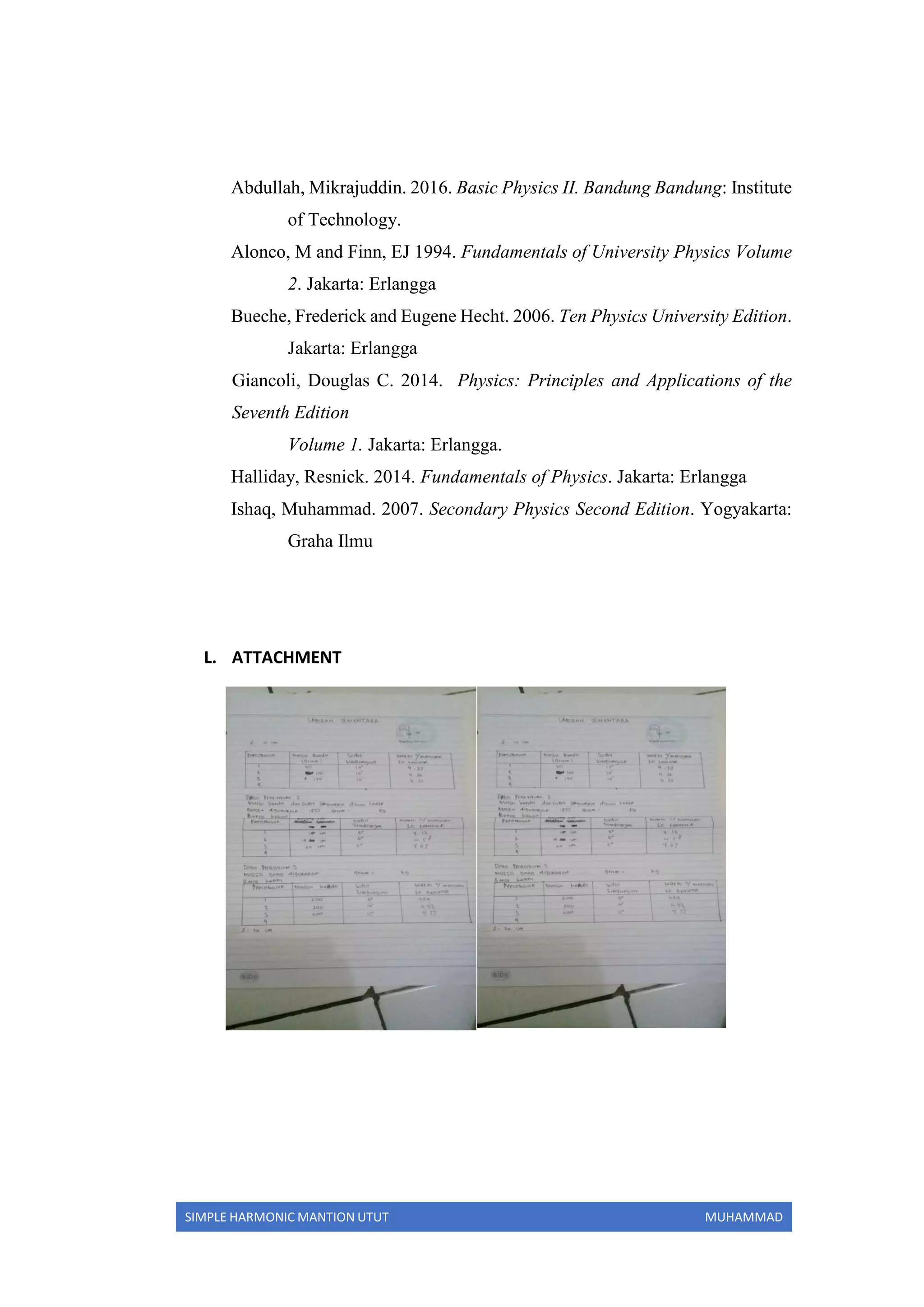 SIMPLE HARMONIC MANTION UTUT MUHAMMAD
Abdullah, Mikrajuddin. 2016. Basic Physics II. Bandung Bandung: Institute
of Technology.
Alonco, M and Finn, EJ 1994. Fundamentals of University Physics Volume
2. Jakarta: Erlangga
Bueche, Frederick and Eugene Hecht. 2006. Ten Physics University Edition.
Jakarta: Erlangga
Giancoli, Douglas C. 2014. Physics: Principles and Applications of the
Seventh Edition
Volume 1. Jakarta: Erlangga.
Halliday, Resnick. 2014. Fundamentals of Physics. Jakarta: Erlangga
Ishaq, Muhammad. 2007. Secondary Physics Second Edition. Yogyakarta:
Graha Ilmu
L. ATTACHMENT
 