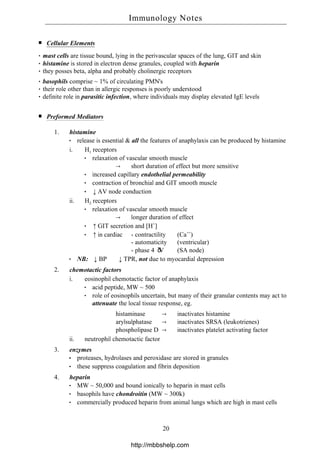 Cellular Elements
mast cells are tissue bound, lying in the perivascular spaces of the lung, GIT and skin
histamine is stored in electron dense granules, coupled with heparin
they posses beta, alpha and probably cholinergic receptors
basophils comprise ~ 1% of circulating PMN's
their role other than in allergic responses is poorly understood
definite role in parasitic infection, where individuals may display elevated IgE levels
Preformed Mediators
1. histamine
release is essential & all the features of anaphylaxis can be produced by histamine
i. H1 receptors
relaxation of vascular smooth muscle
→ short duration of effect but more sensitive
increased capillary endothelial permeability
contraction of bronchial and GIT smooth muscle
↓AV node conduction
ii. H2 receptors
relaxation of vascular smooth muscle
→ longer duration of effect
↑GIT secretion and [H+
]
↑in cardiac - contractility (Ca++
)
- automaticity (ventricular)
- phase 4 δV (SA node)
NB: ↓ BP ∝ ↓TPR, not due to myocardial depression
2. chemotactic factors
i. eosinophil chemotactic factor of anaphylaxis
acid peptide, MW ~ 500
role of eosinophils uncertain, but many of their granular contents may act to
attenuate the local tissue response, eg.
histaminase → inactivates histamine
arylsulphatase → inactivates SRSA (leukotrienes)
phospholipase D → inactivates platelet activating factor
ii. neutrophil chemotactic factor
3. enzymes
proteases, hydrolases and peroxidase are stored in granules
these suppress coagulation and fibrin deposition
4. heparin
MW ~ 50,000 and bound ionically to heparin in mast cells
basophils have chondroitin (MW ~ 300k)
commercially produced heparin from animal lungs which are high in mast cells
Immunology Notes
20
http://mbbshelp.com
 