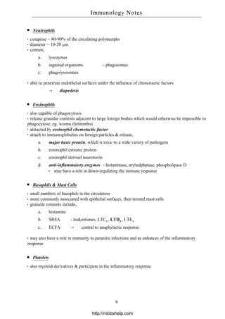 Neutrophils
comprise ~ 80-90% of the circulating polymorphs
diameter ~ 10-20 µm
contain,
a. lysozymes
b. ingested organisms - phagosomes
c. phagolysosomes
able to penetrate endothelial surfaces under the influence of chemotactic factors
→ diapedesis
Eosinophils
also capable of phagocytosis
release granular contents adjacent to large foreign bodies which would otherwise be impossible to
phagocytose, eg. worms (helminths)
attracted by eosinophil chemotactic factor
attach to immunoglobulins on foreign particles & release,
a. major basic protein, which is toxic to a wide variety of pathogens
b. eosinophil cationic protein
c. eosinophil derived neurotoxin
d. anti-inflammatory enzymes - histaminase, arylsulphatase, phospholipase D
may have a role in down-regulating the immune response
Basophils & Mast Cells
small numbers of basophils in the circulation
more commonly associated with epithelial surfaces, then termed mast cells
granular contents include,
a. histamine
b. SRSA - leukotrienes, LTC4 , LTD4 , LTE4
c. ECFA → central to anaphylactic response
may also have a role in immunity to parasitic infections and as enhances of the inflammatory
response
Platelets
also myeloid derivatives & participate in the inflammatory response
Immunology Notes
6
http://mbbshelp.com
 