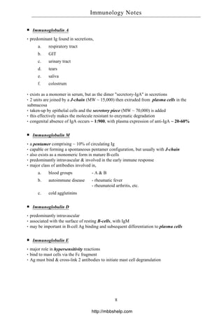 Immunoglobulin A
predominant Ig found in secretions,
a. respiratory tract
b. GIT
c. urinary tract
d. tears
e. saliva
f. colostrum
exists as a monomer in serum, but as the dimer "secretory-IgA" in secretions
2 units are joined by a J-chain (MW ~ 15,000) then extruded from plasma cells in the
submucosa
taken-up by epithelial cells and the secretory piece (MW ~ 70,000) is added
this effectively makes the molecule resistant to enzymatic degradation
congenital absence of IgA occurs ~ 1:900, with plasma expression of anti-IgA ~ 20-60%
Immunoglobulin M
a pentamer comprising ~ 10% of circulating Ig
capable or forming a spontaneous pentamer configuration, but usually with J-chain
also exists as a monomeric form in mature B-cells
predominantly intravascular & involved in the early immune response
major class of antibodies involved in,
a. blood groups - A & B
b. autoimmune disease - rheumatic fever
- rheumatoid arthritis, etc.
c. cold agglutinins
Immunoglobulin D
predominantly intravascular
associated with the surface of resting B-cells, with IgM
may be important in B-cell Ag binding and subsequent differentiation to plasma cells
Immunoglobulin E
major role in hypersensitivity reactions
bind to mast cells via the Fc fragment
Ag must bind & cross-link 2 antibodies to initiate mast cell degranulation
Immunology Notes
8
http://mbbshelp.com
 