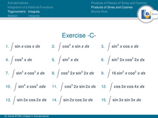 49Ú61
Anti-derivatives
Integration of a Rational Functions
Trigonometric Integrals
Abelian integrals
Products of Powers of Sines and Cosines
Products of Sines and Cosines
Bioche Rule
Exercise -C-
1.
Z
sin x cos x dx 2.
Z
cos3
x sin x dx 3.
Z
sin4
x cos x dx
4.
Z
cos3
x dx 5.
Z
sin3
x dx 6.
Z
sin2
2x cos3
2x dx
7.
Z
sin3
x cos3
x dx 8.
Z
cos3
2x sin5
2x dx 9.
Z
16 sin2
x cos2
x dx
10.
Z
sin4
x cos2
xdx 11.
Z
cos3
2x sin 2x dx 12.
Z
cos 3x cos 4x dx
13.
Z
sin 3x cos 2x dx 14.
Z
sin 2x cos 3x dx 15.
Z
sin 3x sin 3x dx
Dr. Kamel ATTAR | Chapter 1: Anti-derivatives
 
