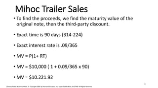 Cleaves/Hobbs: Business Math, 7e Copyright 2005 by Pearson Education, Inc. Upper Saddle River, NJ 07458 All Rights Reserved
Mihoc Trailer Sales
• To find the proceeds, we find the maturity value of the
original note, then the third-party discount.
• Exact time is 90 days (314-224)
• Exact interest rate is .09/365
• MV = P(1+ RT)
• MV = $10,000 ( 1 + 0.09/365 x 90)
• MV = $10.221.92
42
 