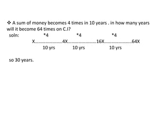  A sum of money becomes 4 times in 10 years . in how many years
will it become 64 times on C.I?
 soln:            *4              *4            *4
             X…………………..4X……………………16X…………………..64X
                 10 yrs         10 yrs        10 yrs

 so 30 years.
 