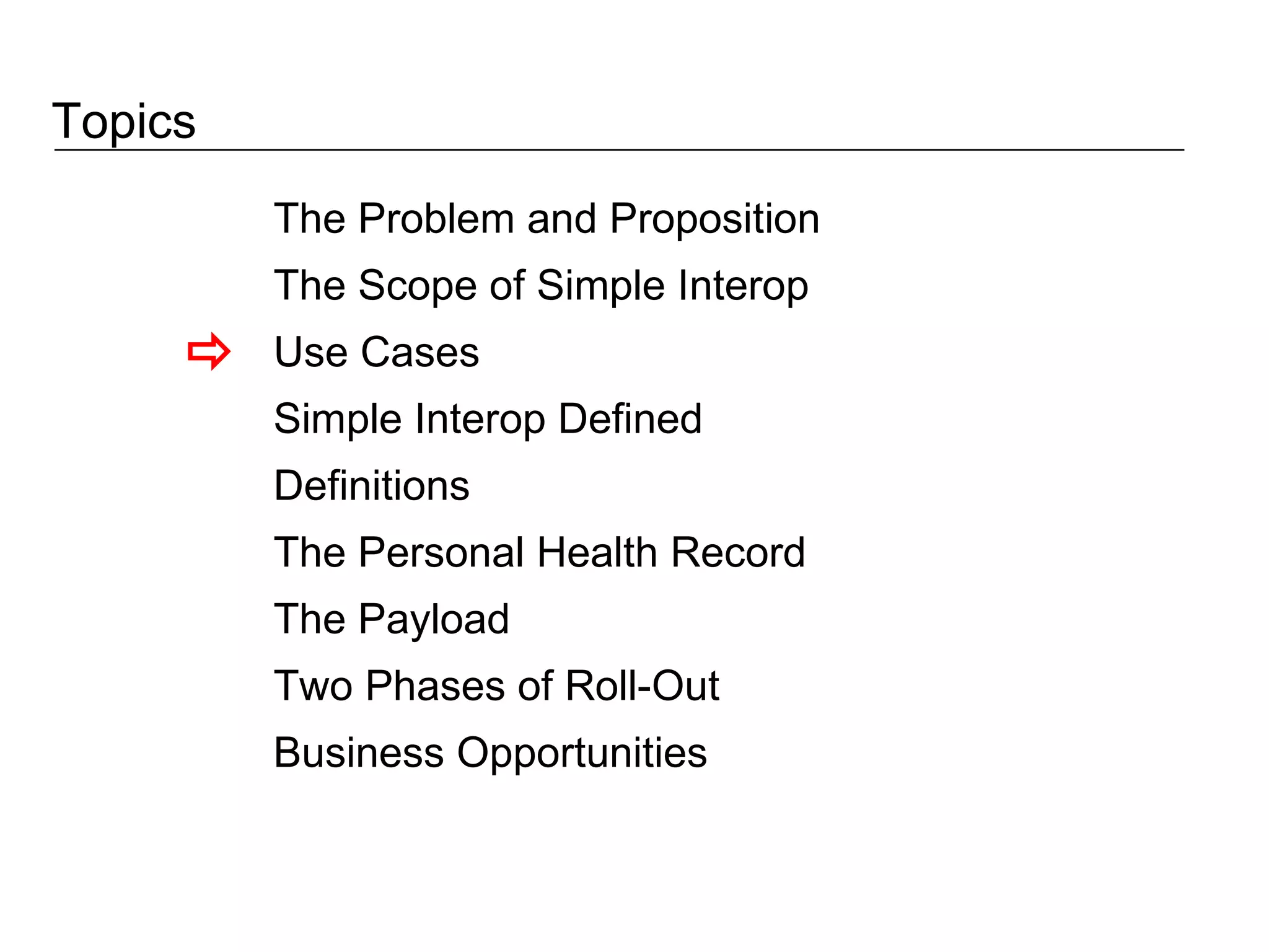 Topics The Problem and Proposition The Scope of Simple Interop Use Cases Simple Interop Defined Definitions The Personal Health Record The Payload Two Phases of Roll-Out Business Opportunities  