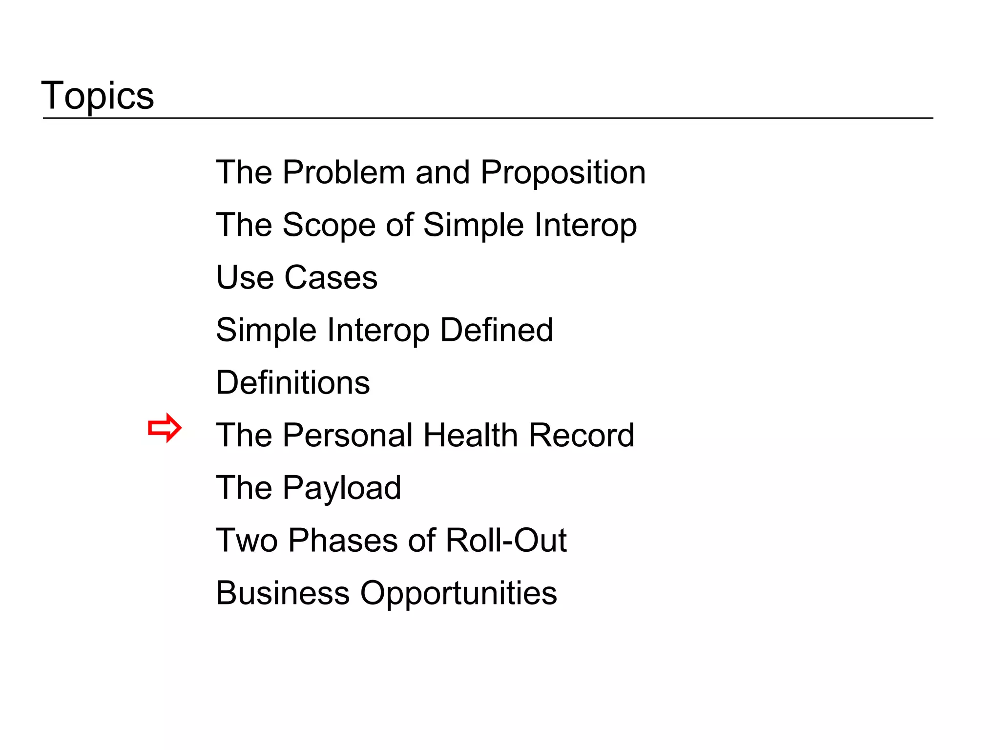 Topics The Problem and Proposition The Scope of Simple Interop Use Cases Simple Interop Defined Definitions The Personal Health Record The Payload Two Phases of Roll-Out Business Opportunities  