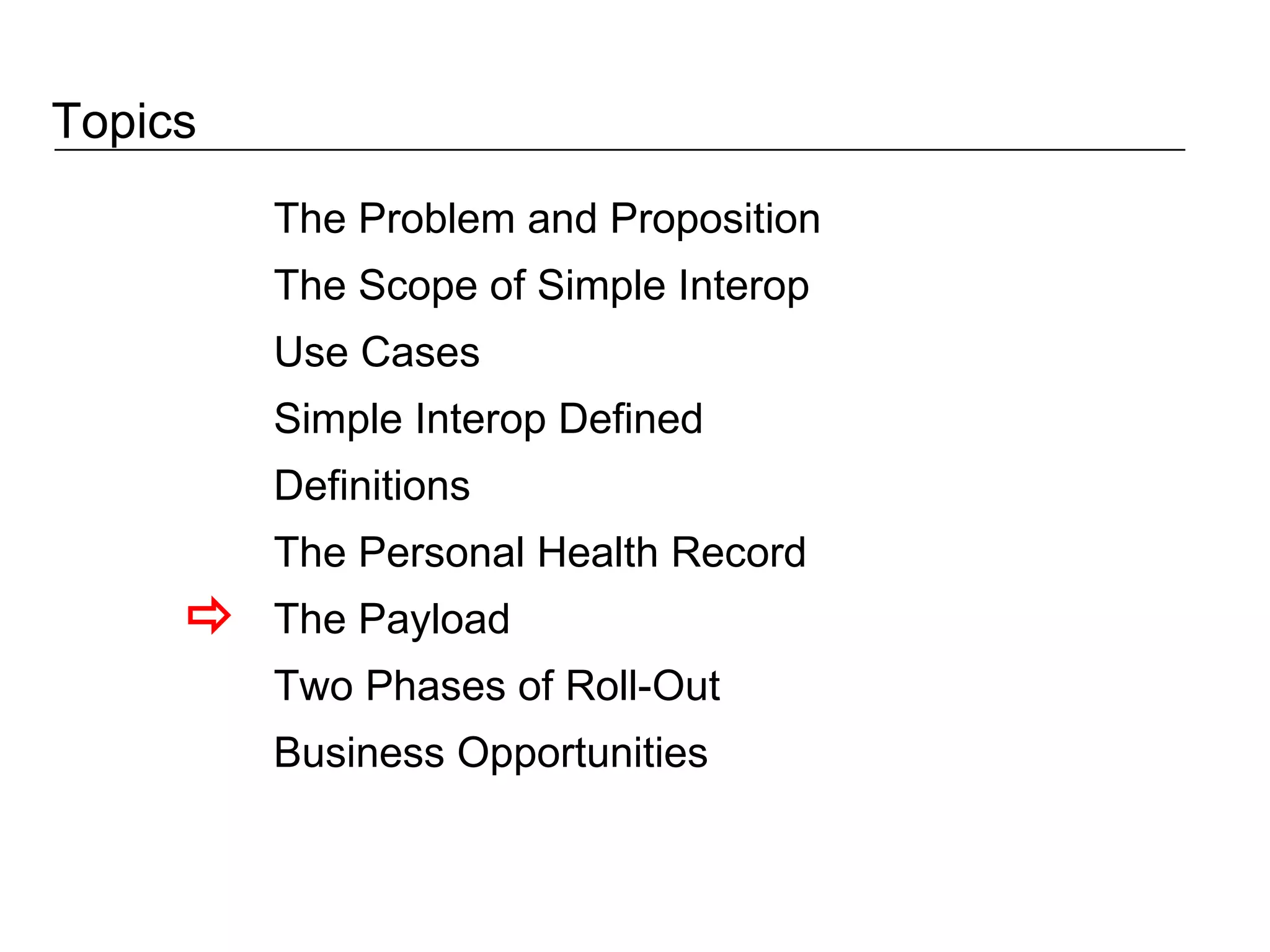 Topics The Problem and Proposition The Scope of Simple Interop Use Cases Simple Interop Defined Definitions The Personal Health Record The Payload Two Phases of Roll-Out Business Opportunities  