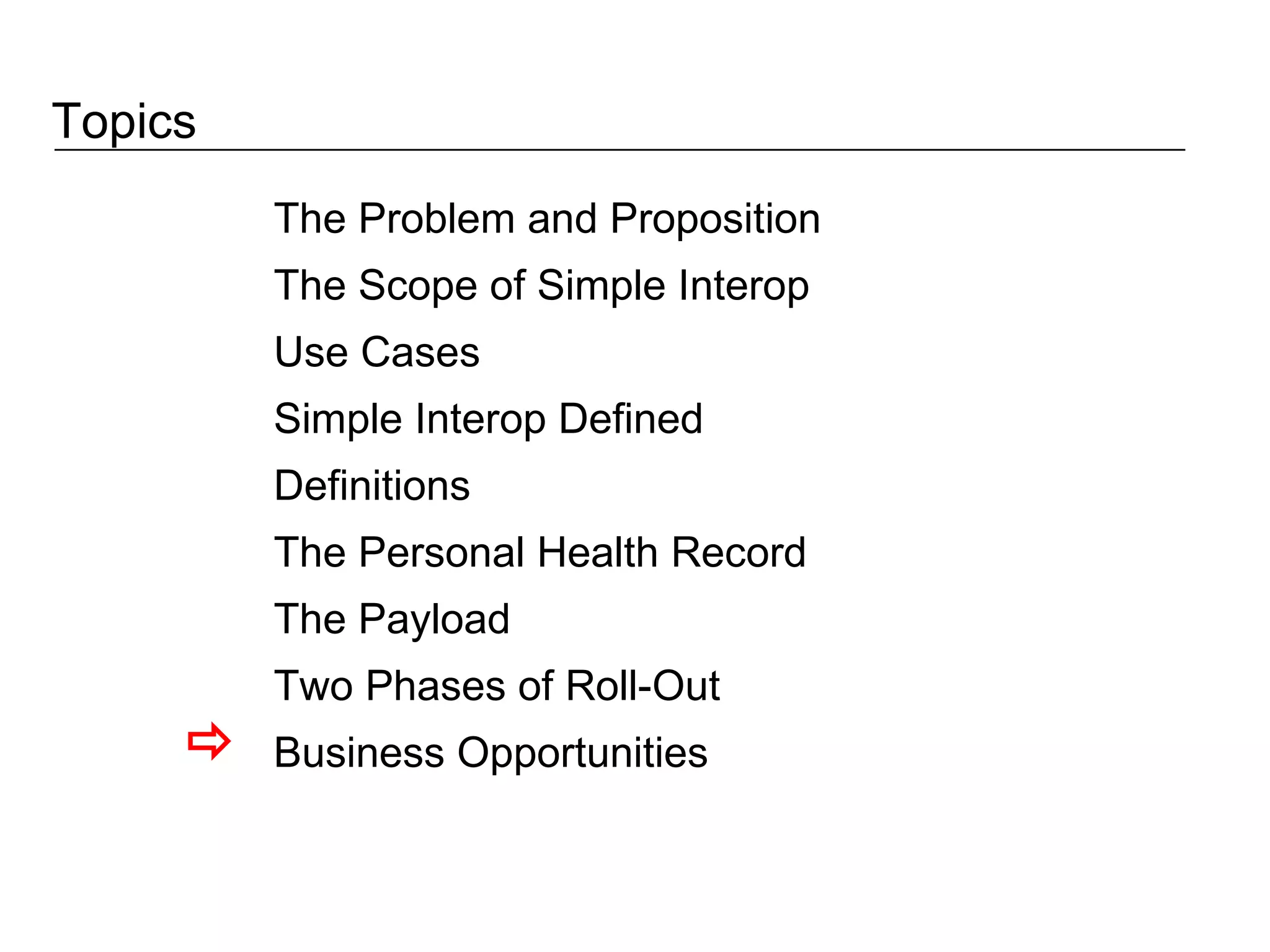 Topics The Problem and Proposition The Scope of Simple Interop Use Cases Simple Interop Defined Definitions The Personal Health Record The Payload Two Phases of Roll-Out Business Opportunities  