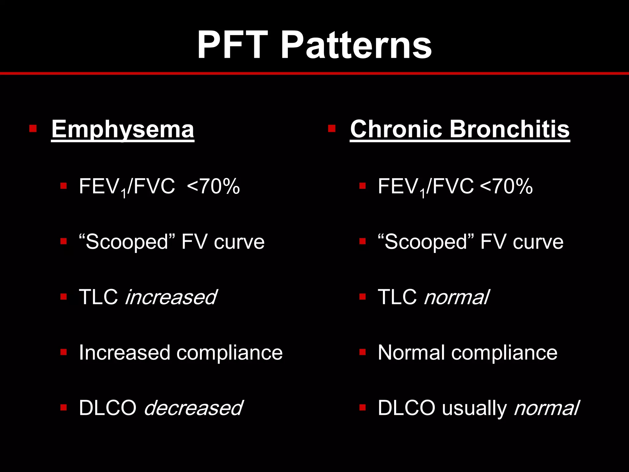 PFT Patterns
 Emphysema

 Chronic Bronchitis

 FEV1/FVC <70%

 FEV1/FVC <70%

 “Scooped” FV curve

 “Scooped” FV curve

 TLC increased

 TLC normal

 Increased compliance

 Normal compliance

 DLCO decreased

 DLCO usually normal

 
