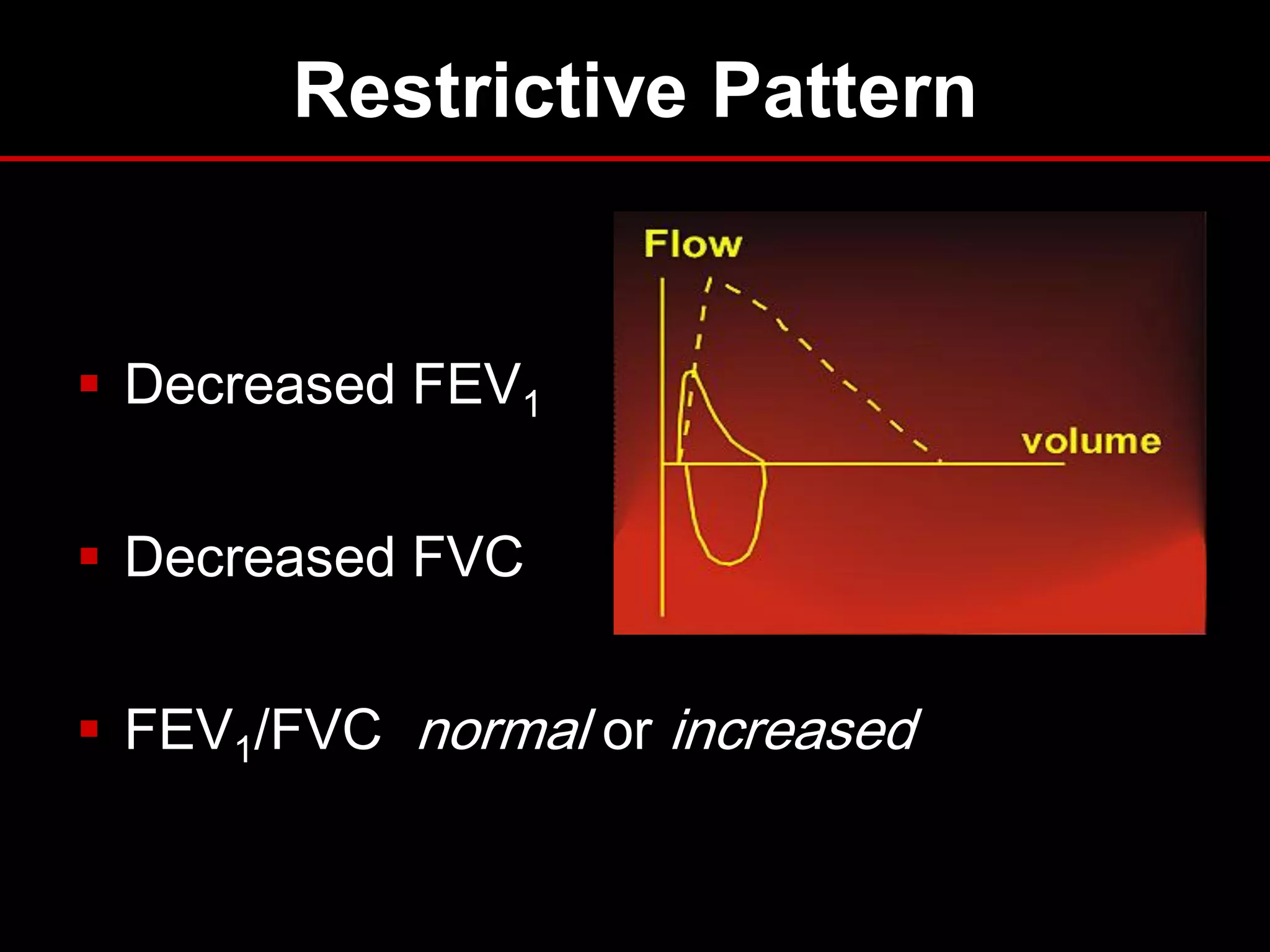 Restrictive Pattern

 Decreased FEV1
 Decreased FVC
 FEV1/FVC normal or increased

 